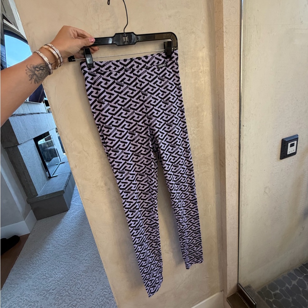Versace Lavender and Black Geometric Logo Leggings